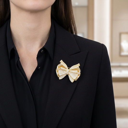 Fenomenalna Broszka KOKARDA elegancka pozłacana 14K z cyrkoniami