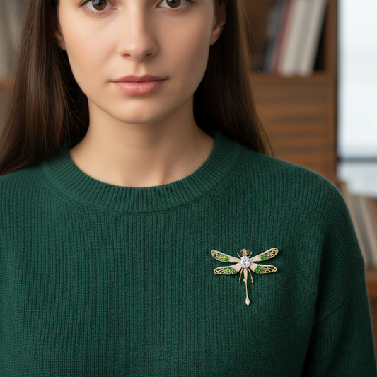 Ważka zielona z cyrkoniami - broszka pozłacana 14K złotem