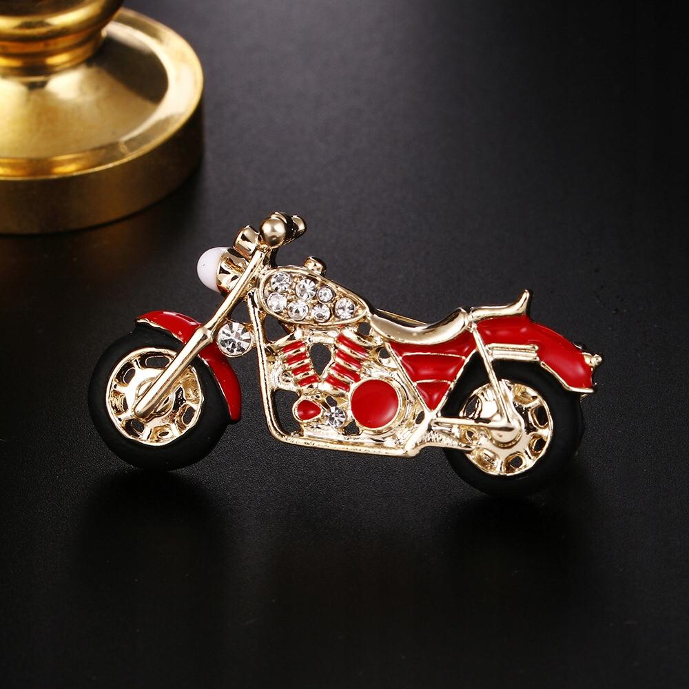 Motocykl czerwony z cyrkoniami broszka