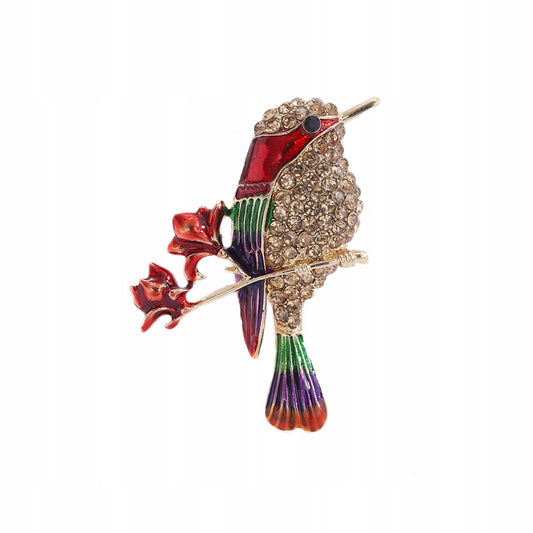 Ptak złoty z czerwonymi kwiatkami - broszka zdobiona cyrkoniami