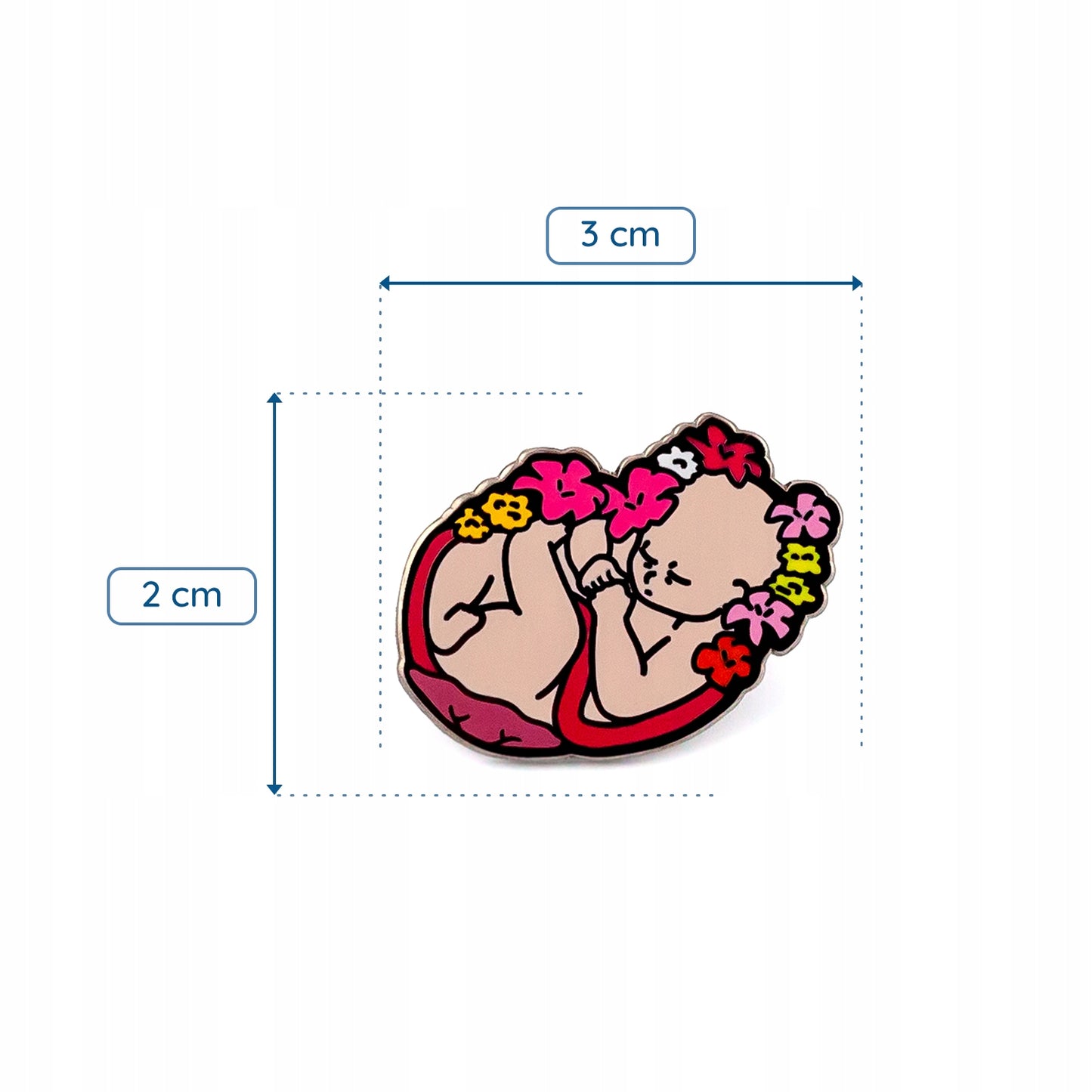 Płód dziecka otoczony kwiatami - przypinka