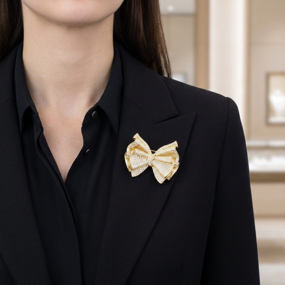 Fenomenalna Broszka KOKARDA elegancka pozłacana 14K z cyrkoniami