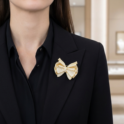 Fenomenalna Broszka KOKARDA elegancka pozłacana 14K z cyrkoniami