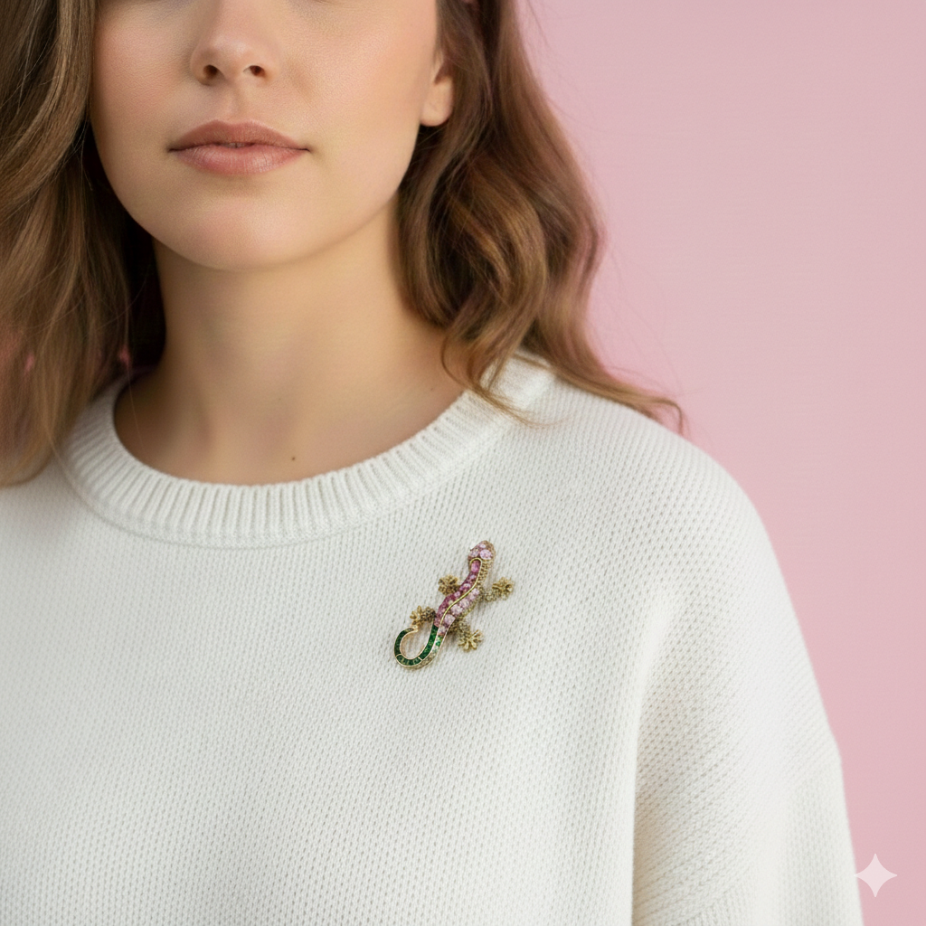 Gekon Jaszczurka broszka z różowymi i zielonymi cyrkoniami Złota