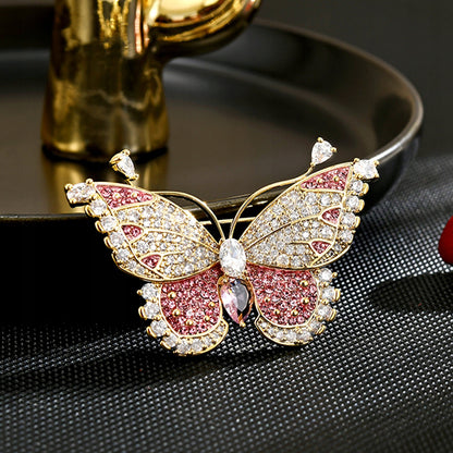 Broszka motyl złota różowa cyrkonie do marynarki elegancka