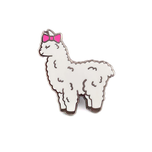 Alpaka biała z różową kokardką - urocza przypinka