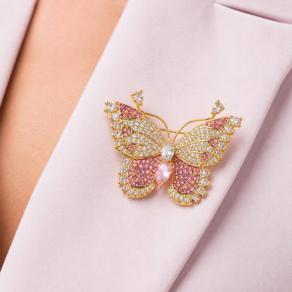 Broszka motyl złota różowa cyrkonie do marynarki elegancka