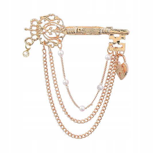 Klucz z kłódką w kształcie serca - złota broszka z łańcuszkami