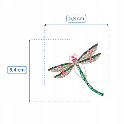 Ważka zielona z białymi i różowymi cyrkoniami - broszka na prezent