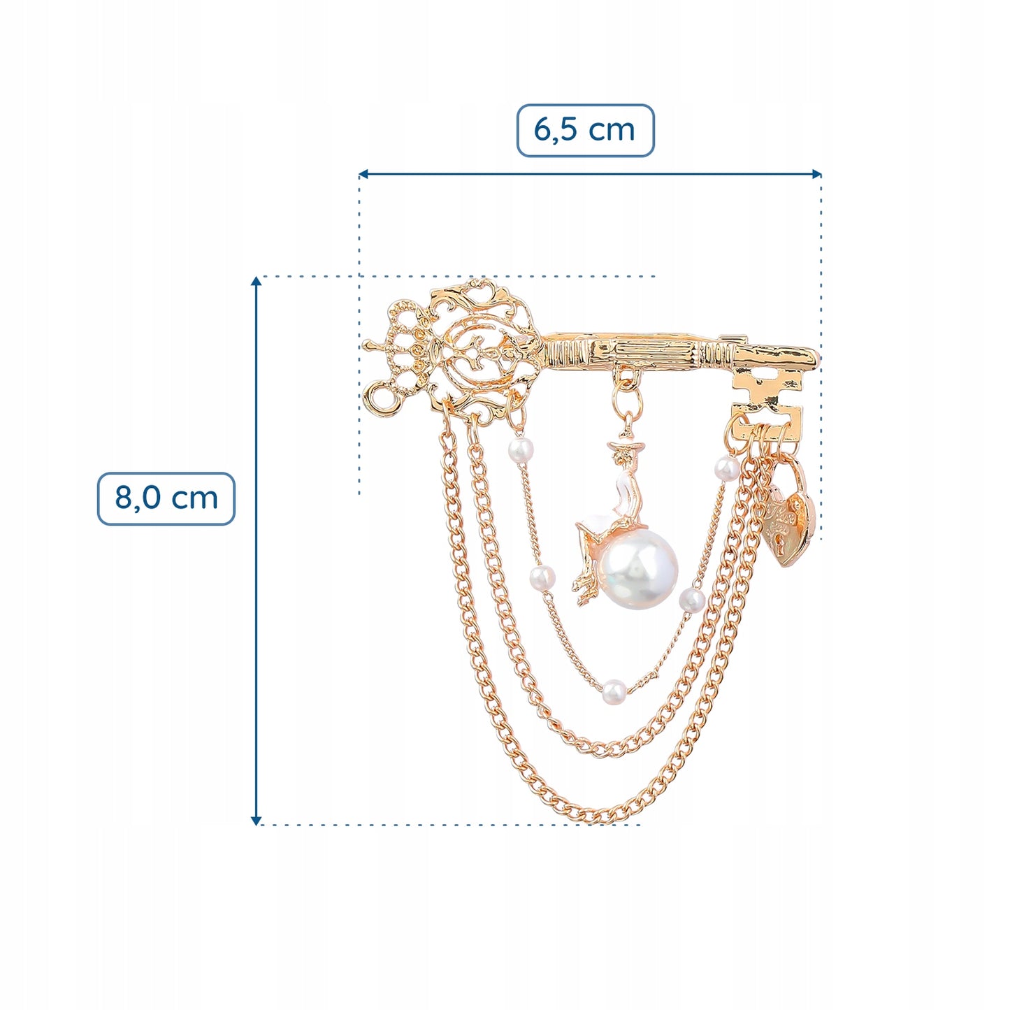 Agrafka - złota broszka z łańcuszkami, kluczem, kłódką i kobietą