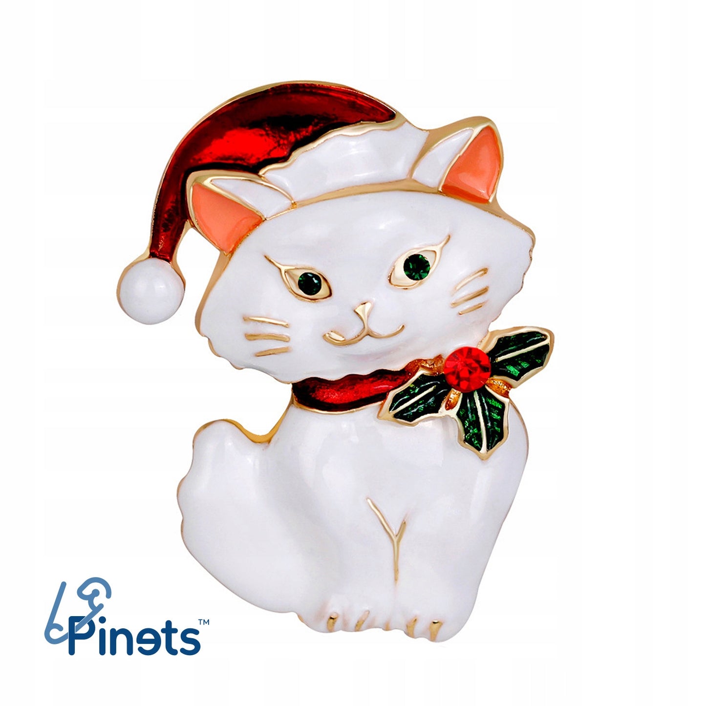 Świąteczny biały kotek z czapką Świętego Mikołaja - ozdobna broszka na święta