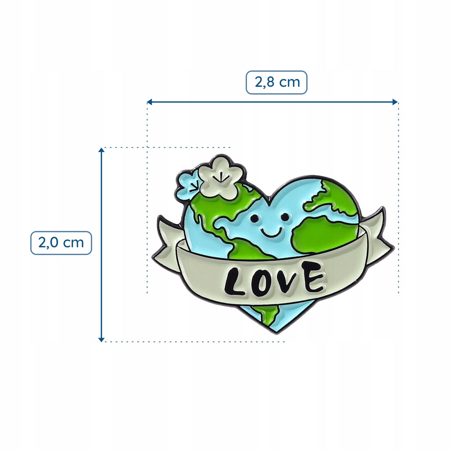 Ekologiczna przypinka z sercem w kształcie planety Ziemia i napisem "Love"