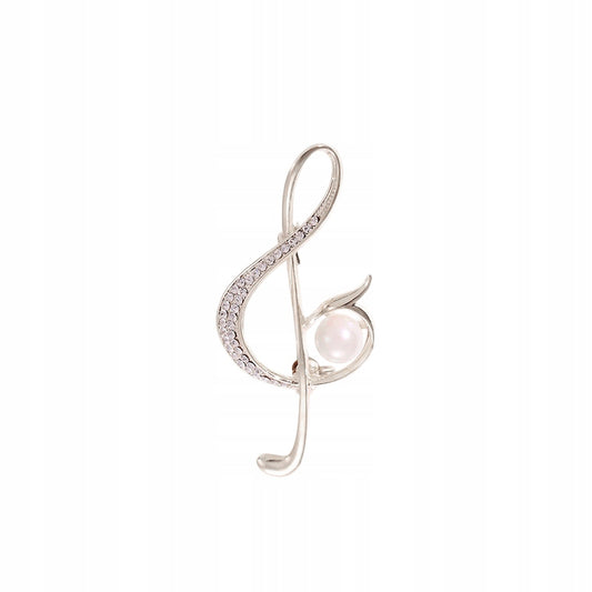 Klucz wiolinowy - srebrna broszka z cyrkoniami i perełką