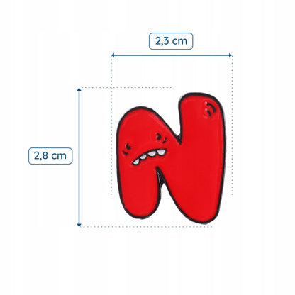 Litera N z zatroskaną minką - czerwona przypinka