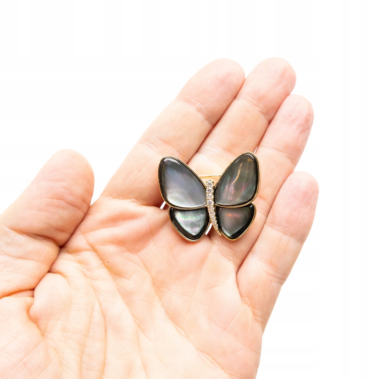 Motylek wypełniony masą perłową - pozłacana broszka 14K