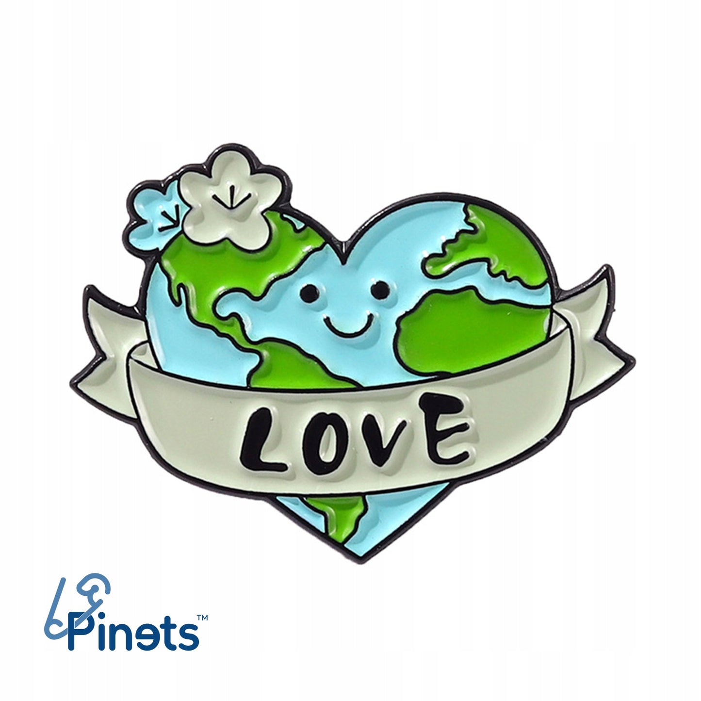 Ekologiczna przypinka z sercem w kształcie planety Ziemia i napisem "Love"