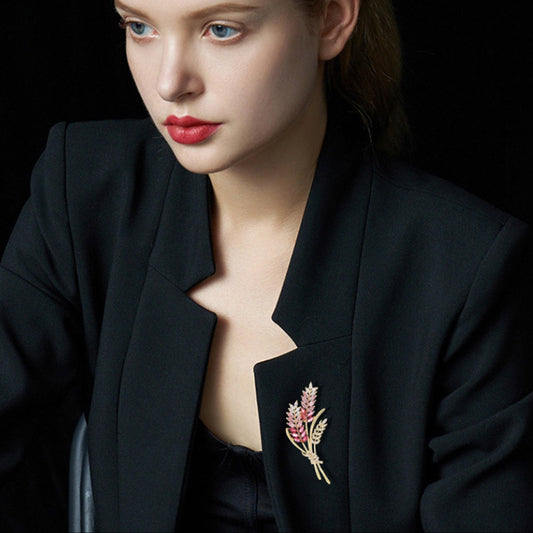 Kłosy zbóż z różowymi cyrkoniami - pozłacana broszka 14K