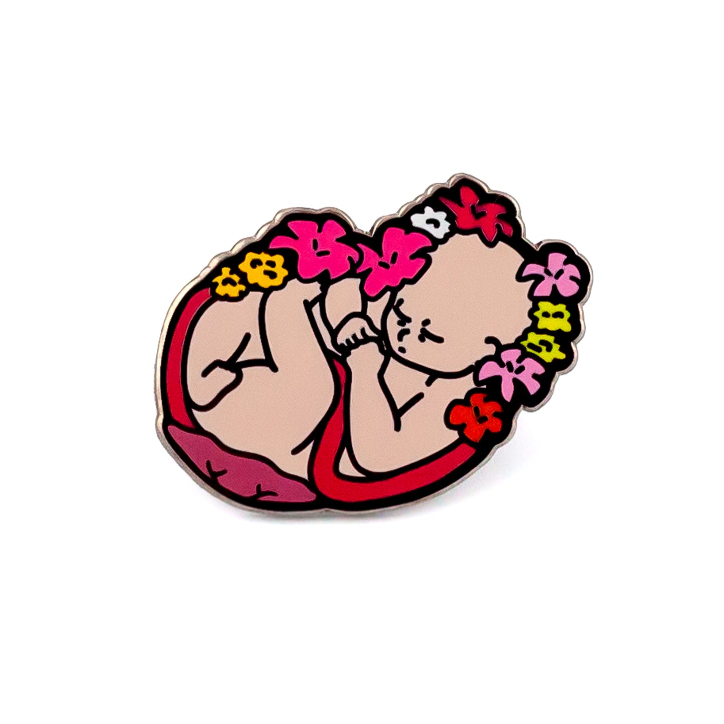 Płód dziecka otoczony kwiatami - przypinka