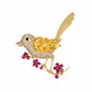 Ptaszek na gałązce z kwiatami - broszka pozłacana 14K złotem
