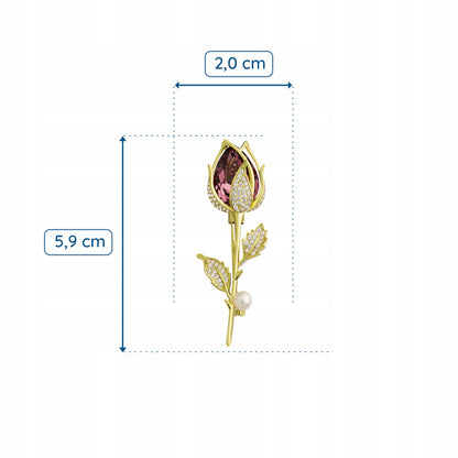 Róża z cyrkoniami i perełką - broszka pozłacana 14K złotem