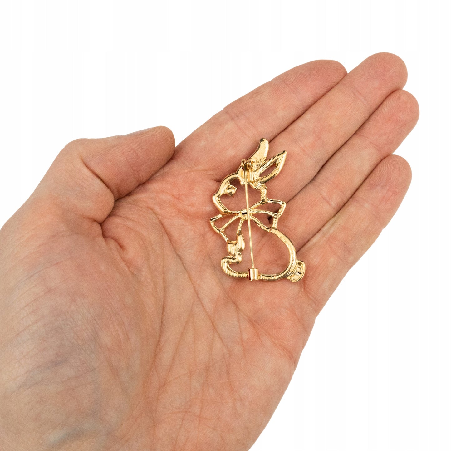 Królik z kokardką - złota broszka z cyrkoniami