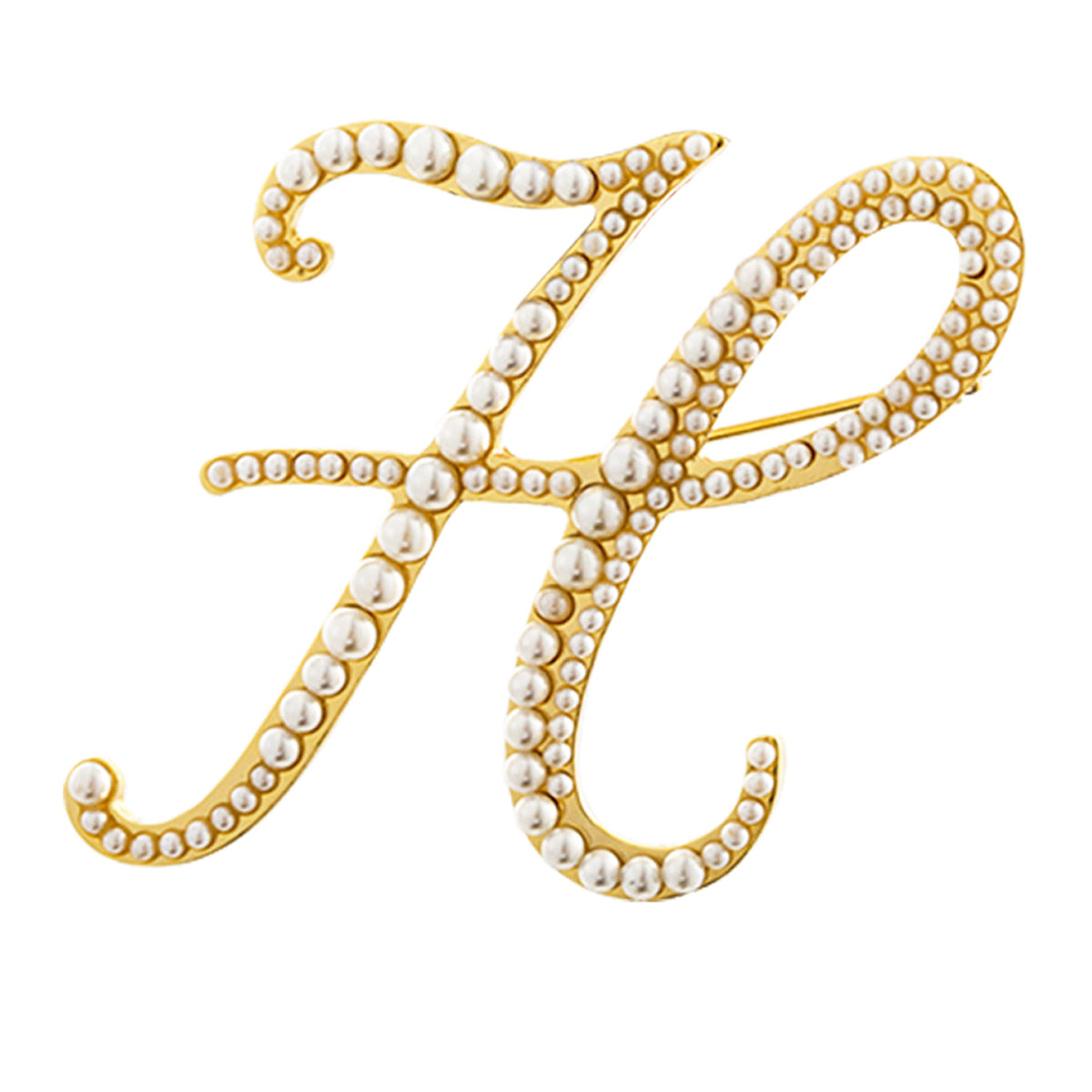 Złota litera H broszka z perełkami