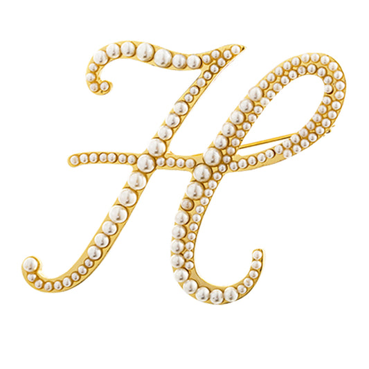 Złota litera H broszka z perełkami
