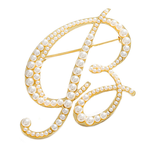 Złota litera B broszka z perłami