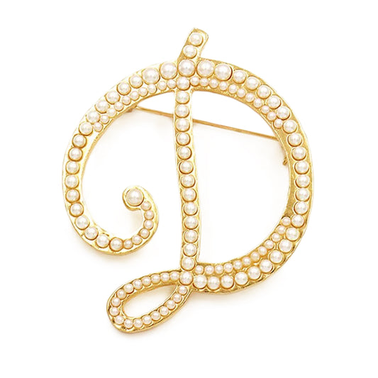 Złota litera D broszka z perłami