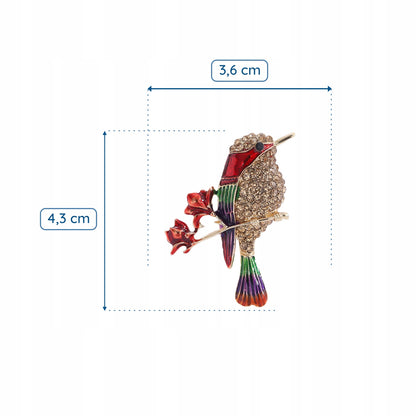 Ptak złoty z czerwonymi kwiatkami - broszka zdobiona cyrkoniami