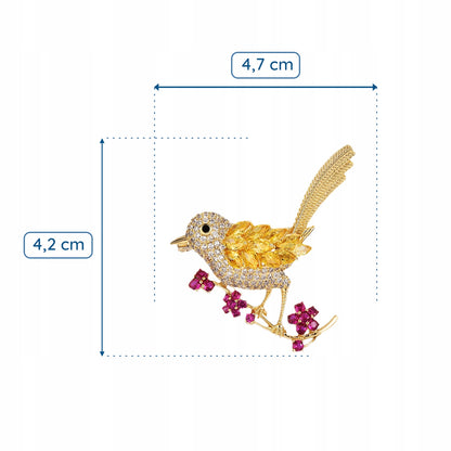 Ptaszek na gałązce z kwiatami - broszka pozłacana 14K złotem