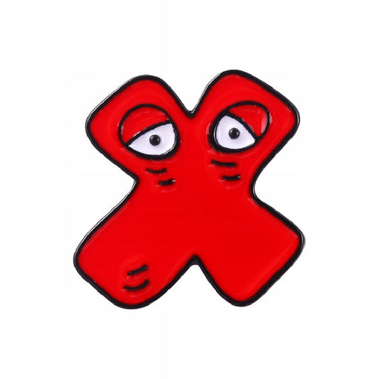 Litera X z oczami - czerwona przypinka