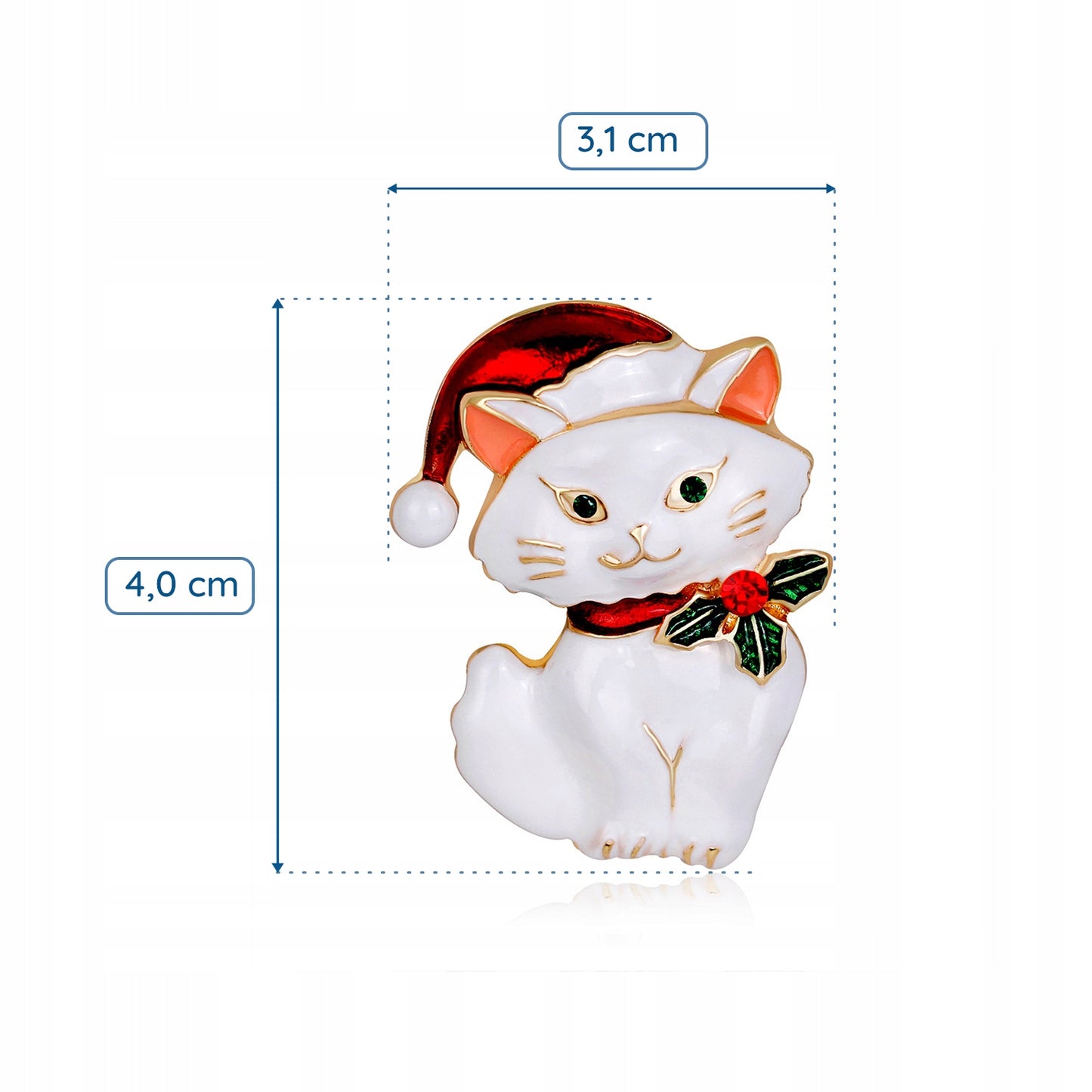 Świąteczny biały kotek z czapką Świętego Mikołaja - ozdobna broszka na święta