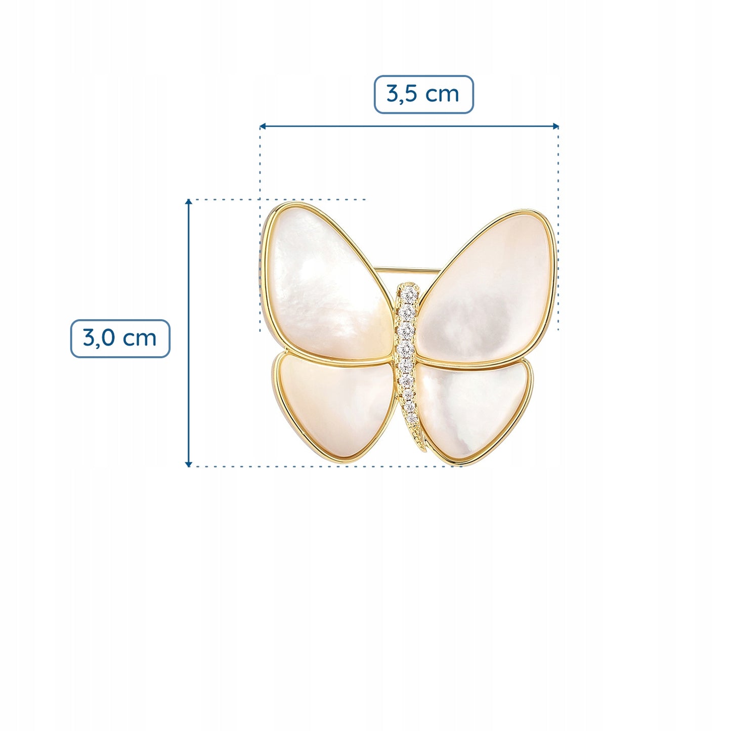 Biały motylek z masą perłową - pozłacana broszka 14K