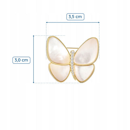 Biały motylek z masą perłową - pozłacana broszka 14K