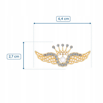 Skrzydła z koroną - złota broszka z cyrkoniami i perełką
