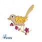 Ptaszek na gałązce z kwiatami - broszka pozłacana 14K złotem