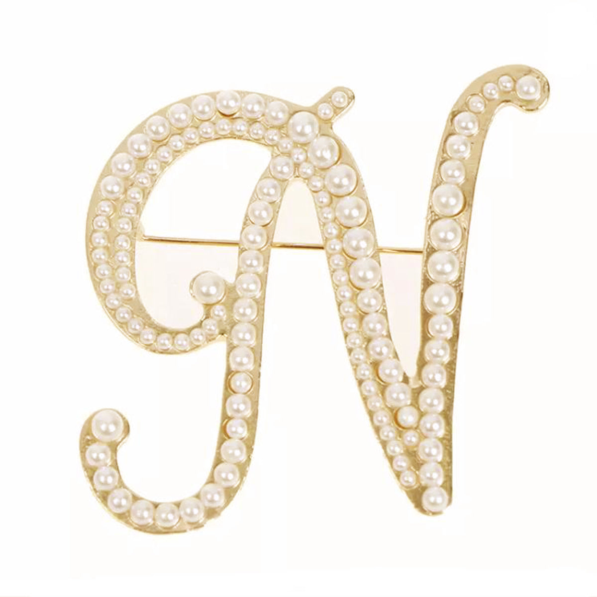 Złota litera N broszka z perłami